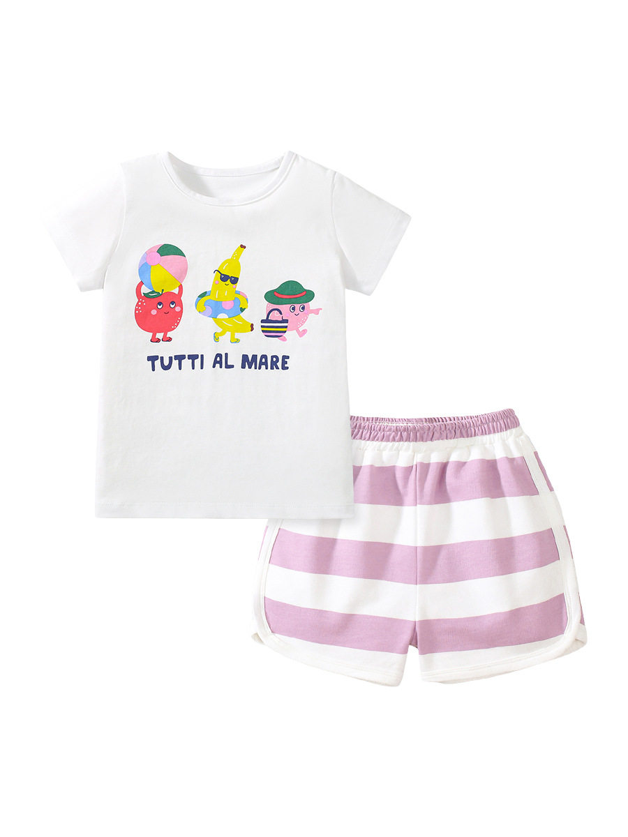 Style Girls' Set, Summer Cartoon Striped Kids' Outfit, Cute Baby Wear