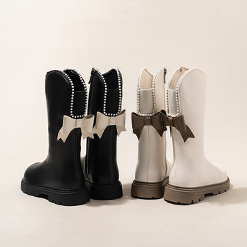 Girls' fleece-lined Long Boots 2024 Autumn and Winter New Arrival Girl's Fashion Cotton Boots Bow Pearl Princess Leather Boots