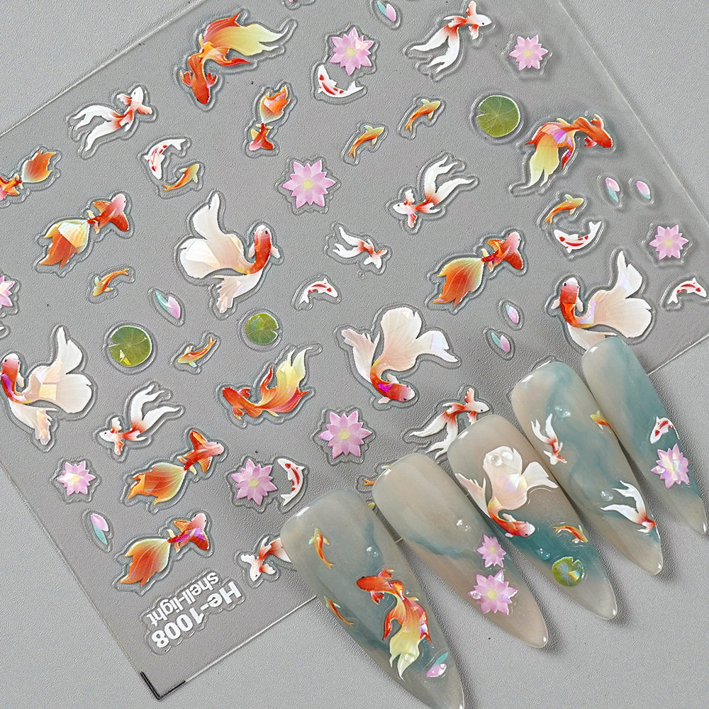 Redanco new 5D embossed koi fish shell light nail stickers three-dimensional adhesive nail stickers He-1008
