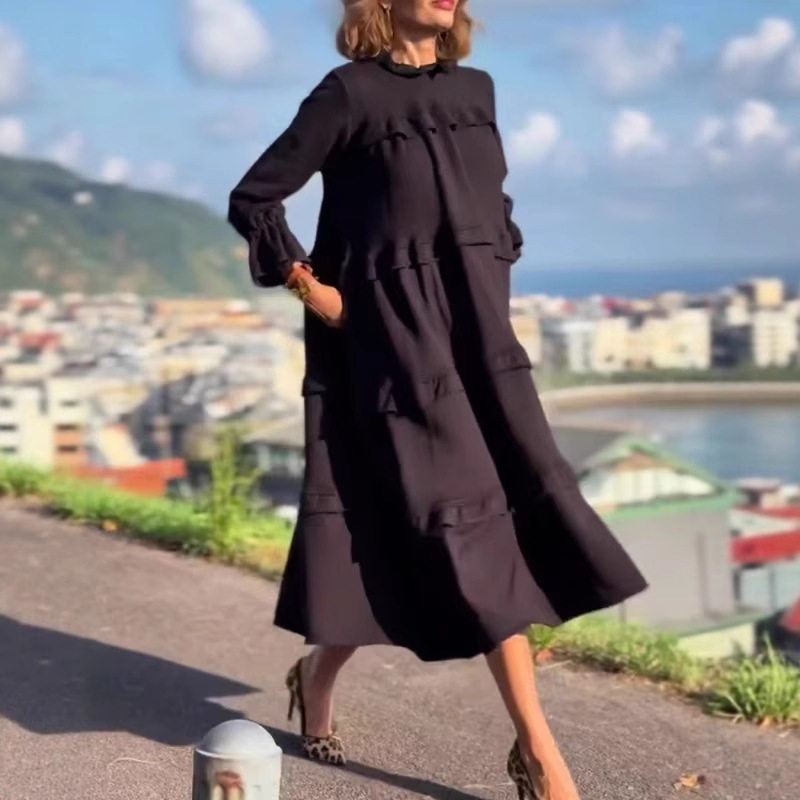 Womens Long Sleeve Color Block Ruffle Hem Dress Summer Style Casual Wear Elegant Design Wholesale Available