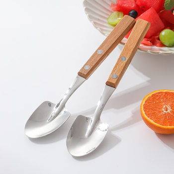 Solid Wood Handle Shovel Spoon Japanese Style Creative 304 Industrial Shovel Spoon Solid Wood Clamp Handle Spoon Watermelon Shovel Spoon Mirror