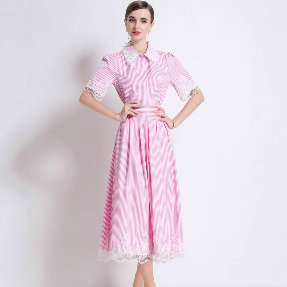 Pink Lace Trimmed Striped Short Sleeve Shirt Set High Waist Flattering A Line Skirt Casual Chic Outfit Wholesale