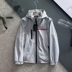 Cross-border high-end P-brand jacket, popular with influencers, featuring a classic logo leather tag, simple and loose-fitting, with a zipper and hood