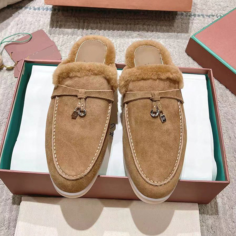 High-End Italian Loafers for Autumn and Winter, Fleece-Lined, Closed-Toe, Wool Slip-On Shoes, Flat Half-Slipper, Furry Slippers for Couples