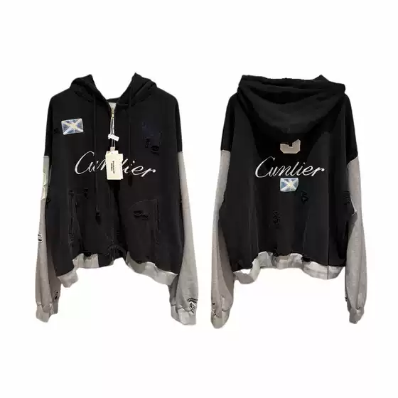 Protocol Index Heavy-Duty Patchwork Patchwork Embroidery Washed Vintage Hoodie Cardigan Jacket
