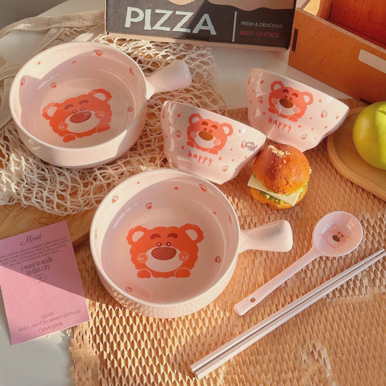 Strawberry Bear Ceramic Handle Bowl Household Cute Rice Bowl Oven Special Baking Bowl Student Dormitory Single Handle Instant Noodle Bowl