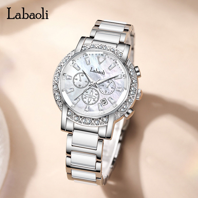 Labaoli Fashion Women's Watch, Elegant Waterproof Quartz Watch with Diamond and Mother-Of-Pearl Large Dial Calendar Watch