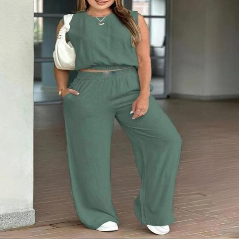 Womens Summer Outfit Set Sleeveless Top Straight Leg Pants Casual Style Perfect for Everyday Wear Wholesale