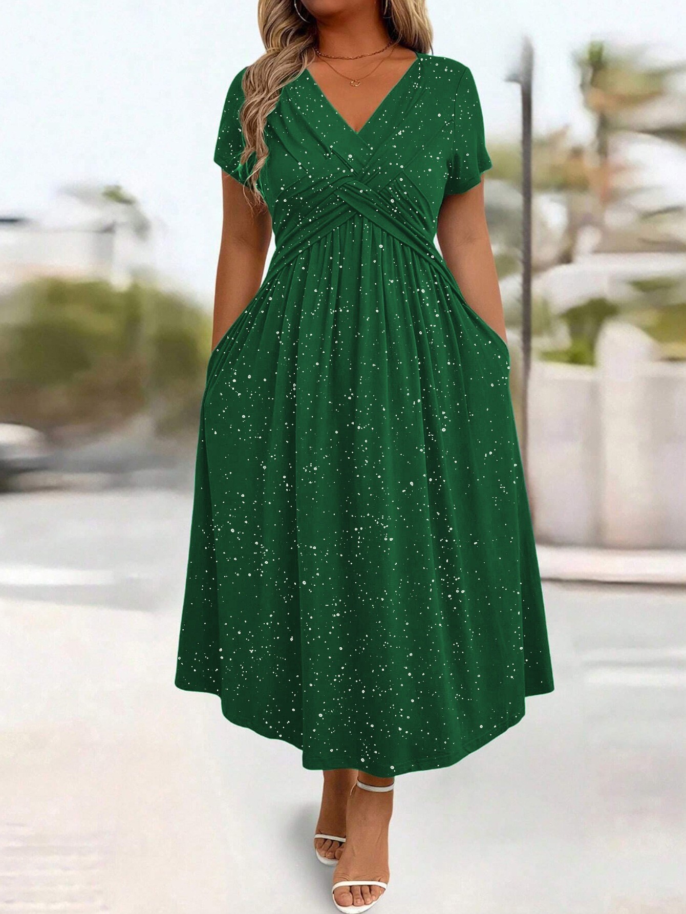 V Neck Short Sleeve Bodycon Dress Shimmering Fabric Waist Defining Fit Summer Style Wholesale Available