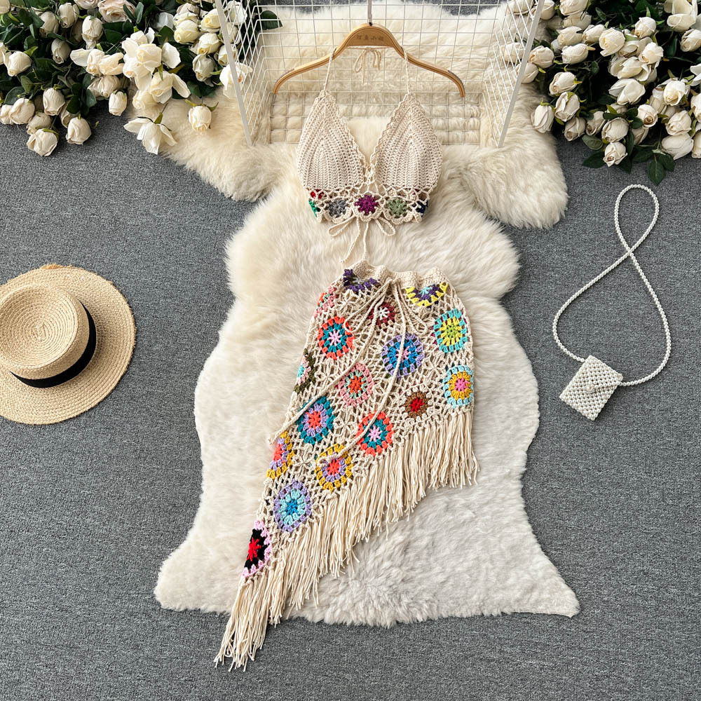 Summer Bohemian Knitted Hollow Crochet Neck V-Neck Tube Top + Irregular Skirt Two-Piece Suit