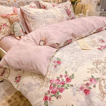 Pastoral Pure Cotton Four-Piece Bedding Set 100% Cotton Women's Bedding Three-Piece Set Peony Duvet Cover Fitted Sheet Skin-Friendly