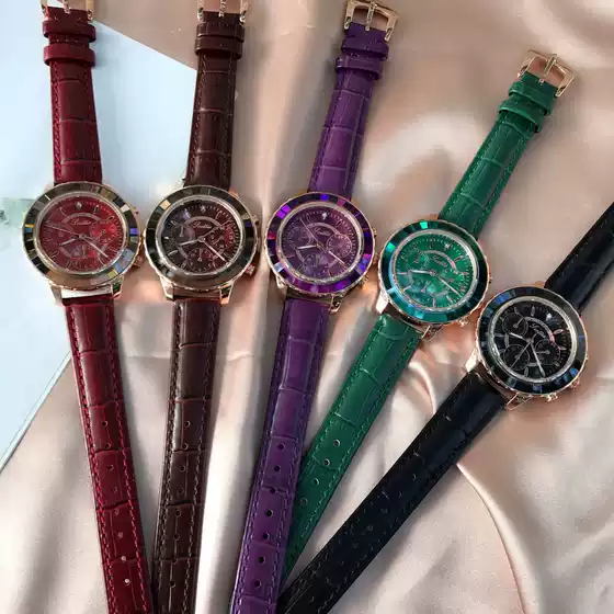 Manufacturer direct sales grid diamond three eye six needle imported quartz movement belt watch waterproof women's quartz watch