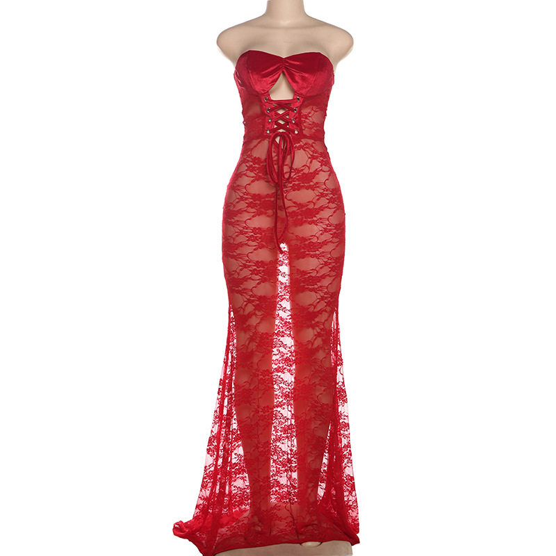 Chic Womens Lace Sheer Bodycon Dress Strapless Cutout Design Elegant Fit Perfect for Winter Parties Wholesale