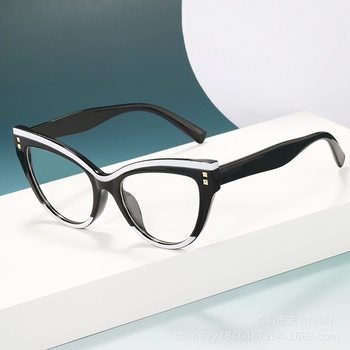 European and American Cat-Eye Rivet Black and White Panda Flat Glasses Frame Anti-Blue Light Lenses Street Style Retro Sunglasses Large Frame