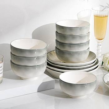 French Cream Style High-Value Ceramic Dishes Set Underglaze Color Household Rice Bowl Soup Noodle Bowl Plate Simple Tableware