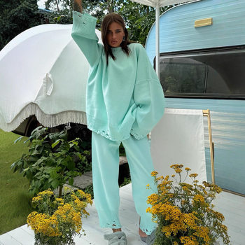 Cross-Border Ripped Sweater Set for Women, European and American Style, 2025 Autumn and Winter, Ins-Style Knitted Skinny Pants + Round Neck Sweater Set for Women