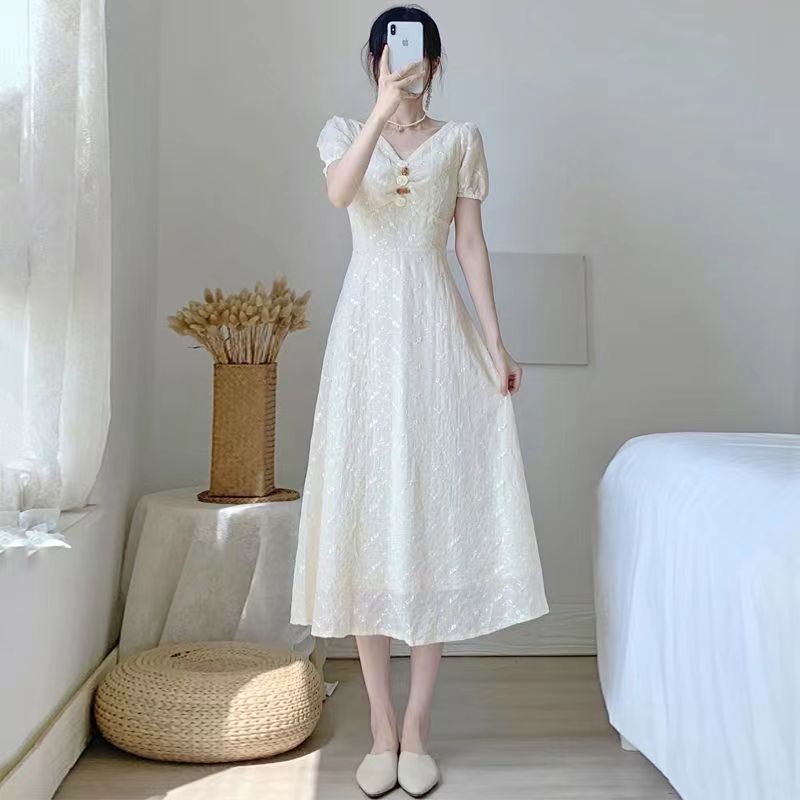 French Style Summer Dress Lightweight Waist Defining V Neck Elegant Design Perfect for Casual Outings Wholesale