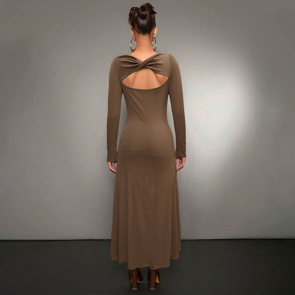 Solid Color Long Sleeve Bodycon Dress Mermaid Hem Off Shoulder Neckline Mid Length Perfect for Parties and Events