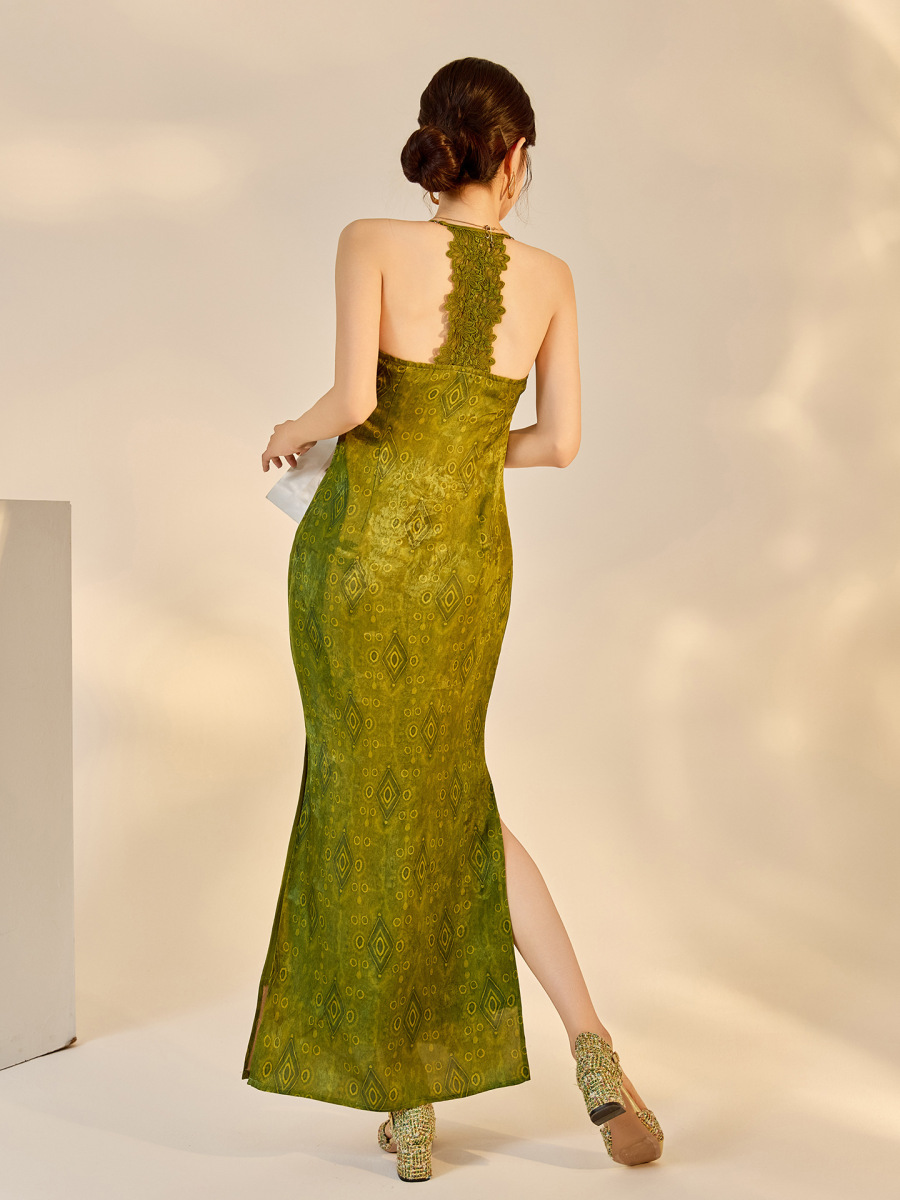 Đầm dài ren ôm body nữ cổ chữ V quyến rũ — Màu đen cao cấp, Màu trà Matcha, mơ