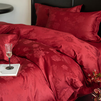100 Light Luxury Big Red Wedding Festive Jacquard Cotton Four-piece High-end Thickened Cotton Bedding Kit