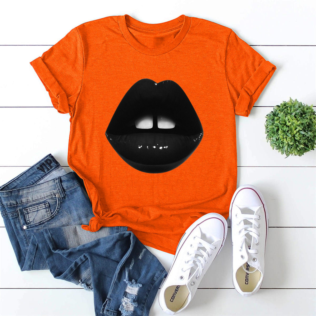 Plus Size Womens Black Short Sleeve T Shirt Lips Print Round Neck Fitted Style Casual Wear Wholesale Available