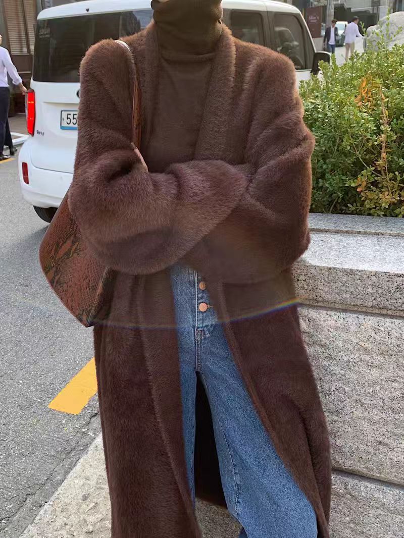 秋冬过膝仿水貂绒针织开衫女韩版宽松中长款慵懒风软糯毛衣外套女