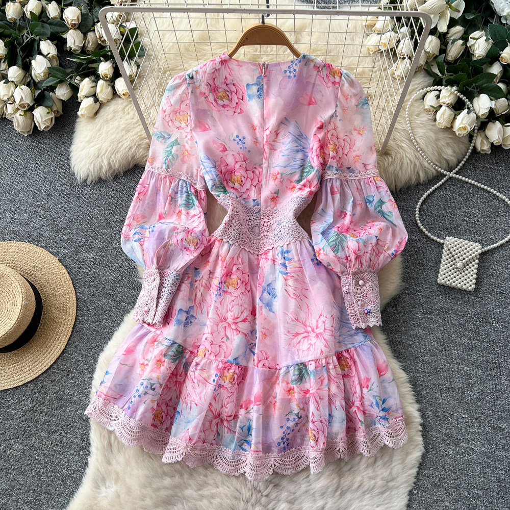 Floral Print Long Sleeve V Neck Dress Slim Fit Waist Defining Elegant A Line Perfect for Formal Events Wholesale