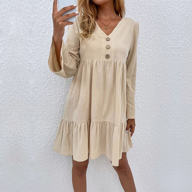 Loose Fit Long Sleeve Dress Cotton Linen Blend Apricot Color Casual Style Wholesale Available