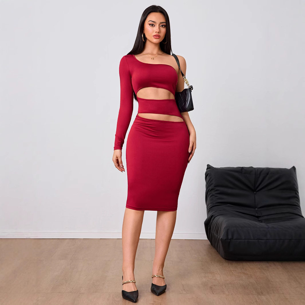 Wine Red One Shoulder Midi Dress Elegant Design Spring Summer Collection Perfect for Parties Wholesale Available