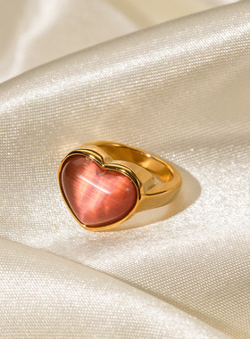 INS网红潮流18K金爱心形粉色猫眼石不锈钢戒指欧美时尚轻奢级感