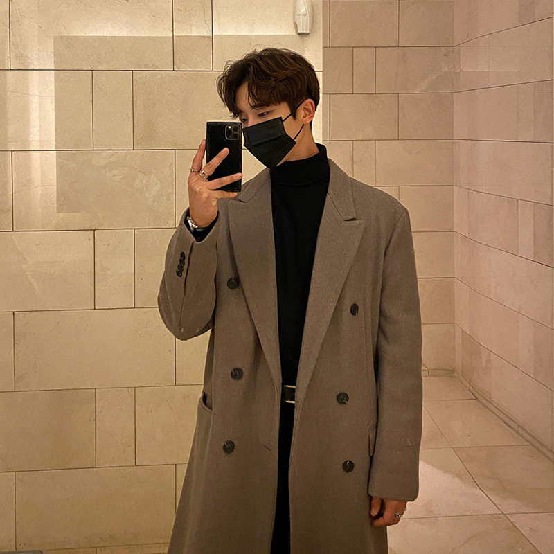 Mens Overcoat Windproof Double Layer Long Trench Coat Casual Wool Blend Available in Gray Coffee Black Wholesale