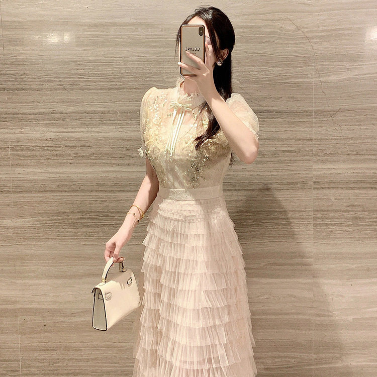 Lace Mesh A Line Dress Elegant High Collar Short Sleeve Slim Fit Summer Cocktail or Party Wear OEM Available