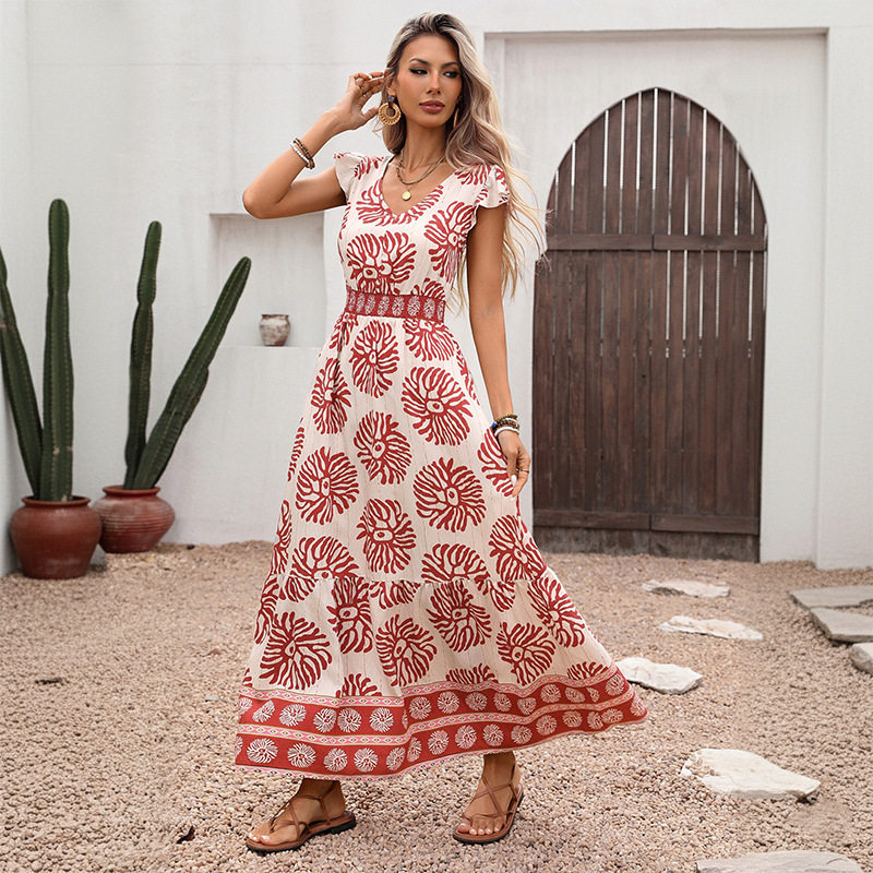 Vintage Inspired Geometric Floral Print Dress Summer Collection Waist Defined Elegant Style Wholesale Availability