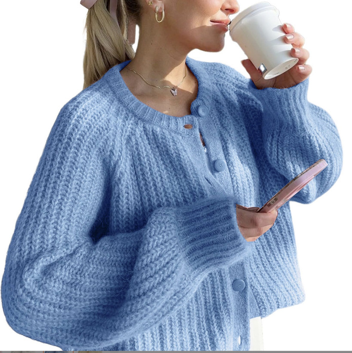 2025秋冬新品欧美跨境女街头时尚休闲纯色针织开衫圆领长袖毛衣