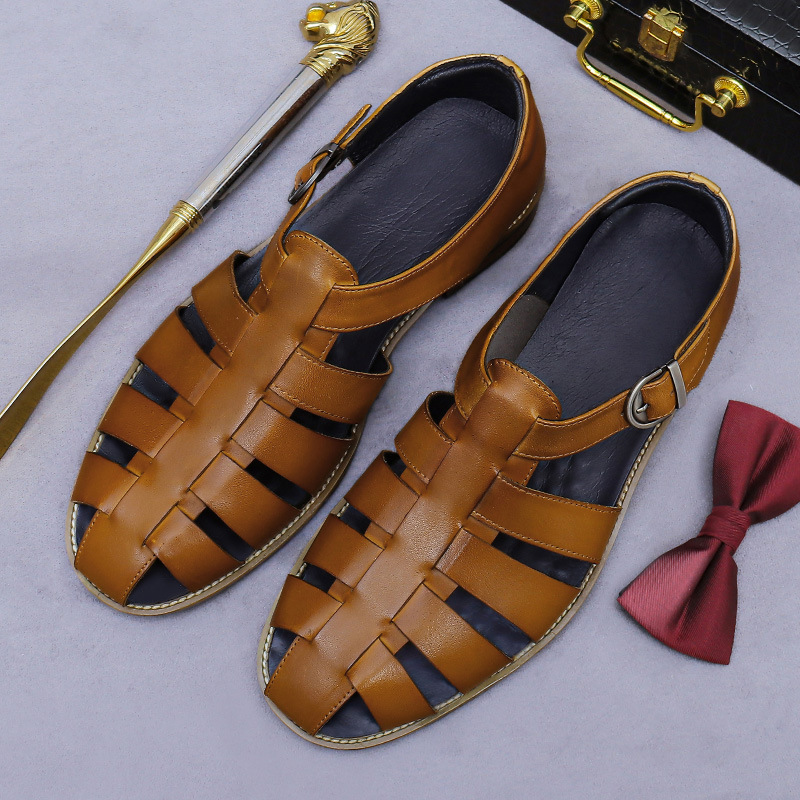 Dép quai ngang nam da bò thật khóa móc phong cách công sở — Màu nâu, Màu đen