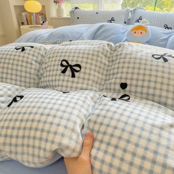 Autumn and Winter Thickened Milk Velvet Four-Piece Dormitory Cartoon Coral Velvet Bed Sheet Three-Piece Set Super Soft Warm Quilt Cover Wholesale