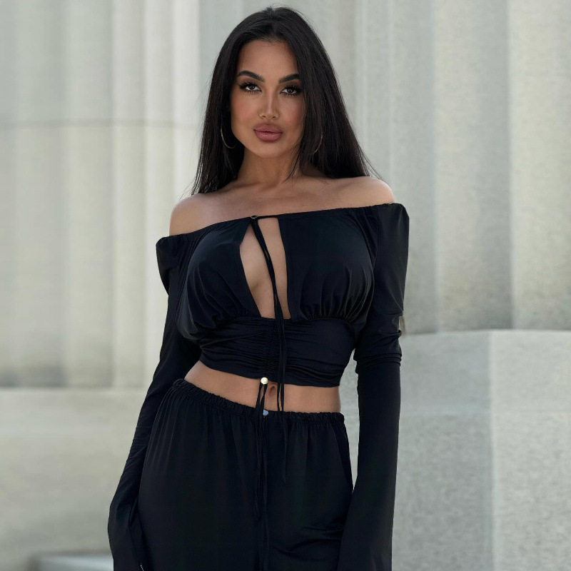 Womens Long Sleeve Off Shoulder Crop Top Solid Color Hollow Out Lace Up Design Trendy Autumn Fashion Wholesale