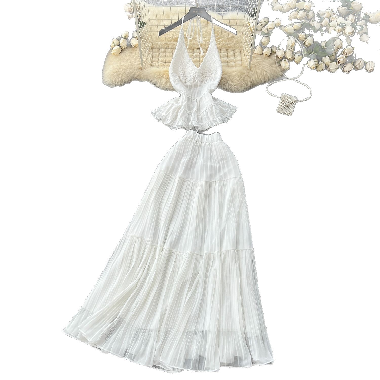 White Summer Vacation Set for Women Lace Trim Halter Neck Top and Chiffon Skirt Casual Beachwear