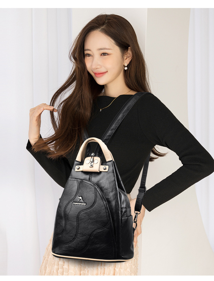 Ba lô nữ mini dáng đứng phối da mềm, túi đeo chéo tiện lợi — Đồng phục đen, màu đen, Màu trắng, Màu xanh dương