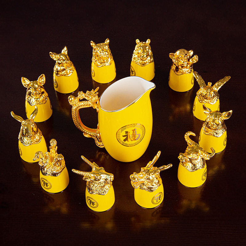 Small mouth ceramic wine set 12 zodiac animal head high-grade suit gold-plated gift wine glass wine dispenser white wine yellow wine warm