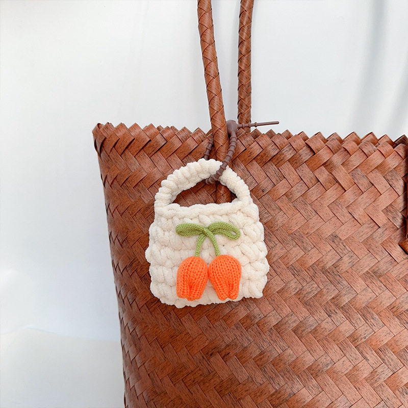 Cute Woven Flower Plush Female Mini Coin Purse Student School Bag Keychain Pendant Portable Headphone Bag