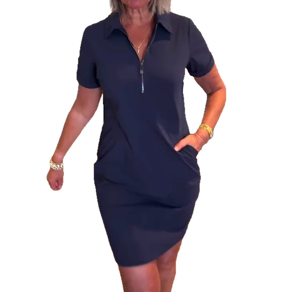 Summer Casual Dress Short Sleeve Zipper Closure Solid Color Stylish for Everyday Wear Wholesale Available
