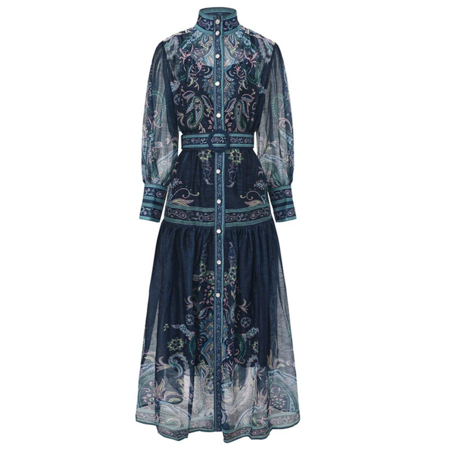 Vintage European Style Floral Print Lantern Sleeve Maxi Dress Sheer Mesh Panels Waist Defining Flattering Fit Formal