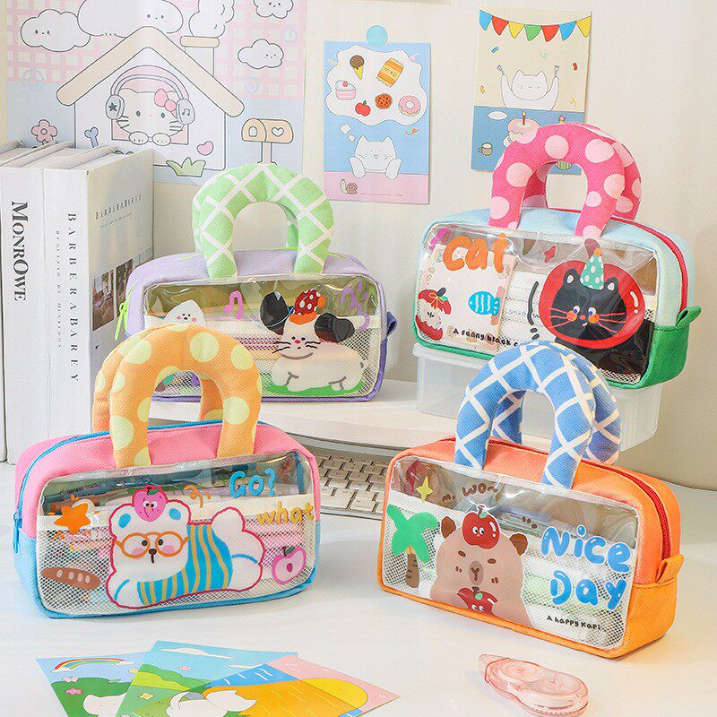 Cross-Border Satchel Student Stationery Storage Bag Cosmetic Bag Multi-Layer Pencil Bag Cute Cartoon Transparent Ins High Appearance