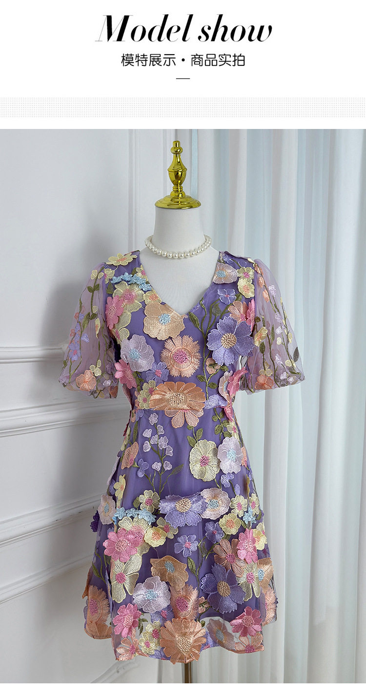 Summer V Neck Puff Sleeve Dress Handcrafted 3D Embroidery Solid Color Elegant A Line Silhouette Perfect for Parties