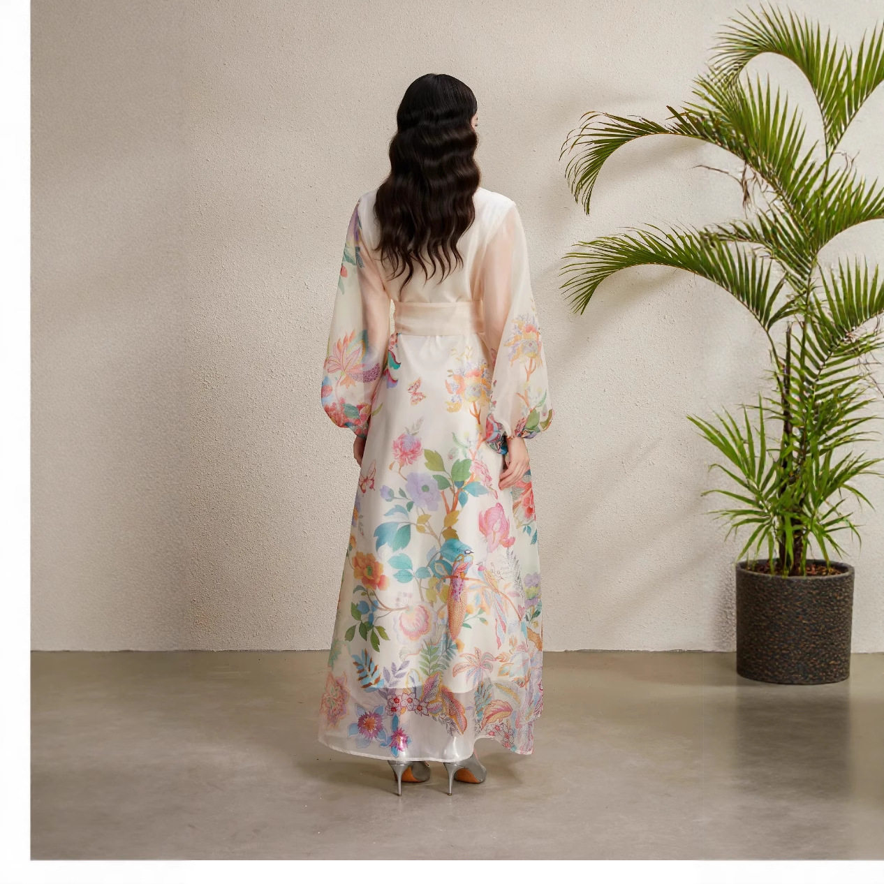 Vintage Floral Print Puff Sleeve Maxi Dress for Women Autumn Waist Tie Design Elegant Style Wholesale Available