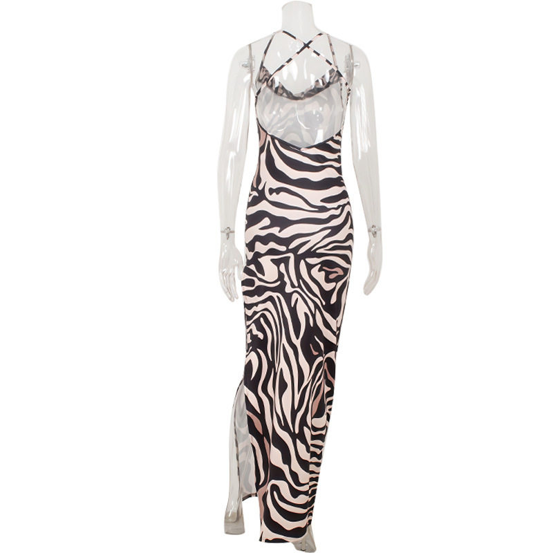 Summer Fashion Tiger Print Backless Mesh Spliced Maxi Dress High Slit Casual Beachwear Wholesale Available
