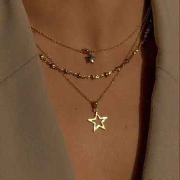 European and American Cross-Border New Hollow Five-Pointed Star Pendant Necklace Creative Personality Retro Multi-Layered Clavicle Chain for Women