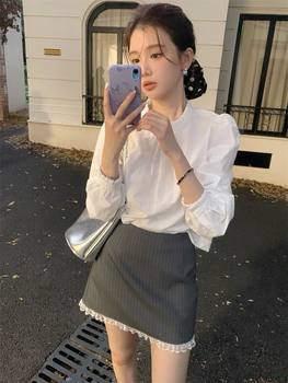 Puff Sleeve White Shirt Top Suit Women's Spring New High-Waist Slim Lace Splicing Skirt Two-Piece Set