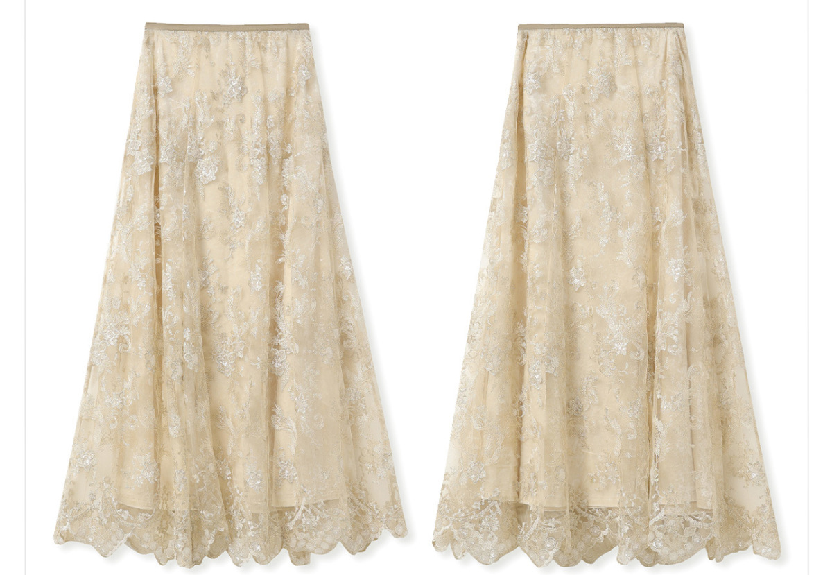Chân váy dài xòe nhiều tầng thêu sequin nhung dệt hoa — Đen tuyền, Mễ Hạnh, Xám bạc